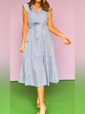 Sugarlips Blue and White Striped Midi Dress NWOT Coastal Preppy Classic Cotton